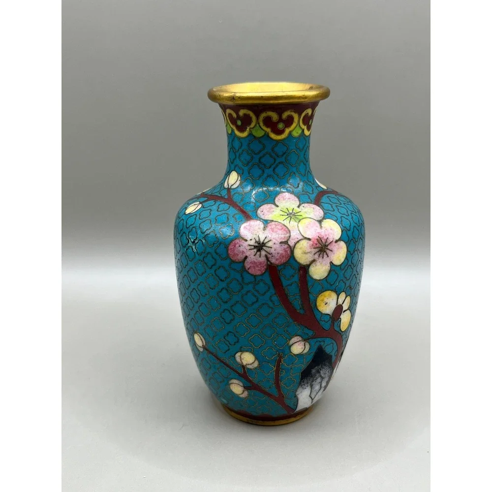 Vtg Chinese Cloisonne Enamel Miniature Vase Turquoise Cherry Blossom 4